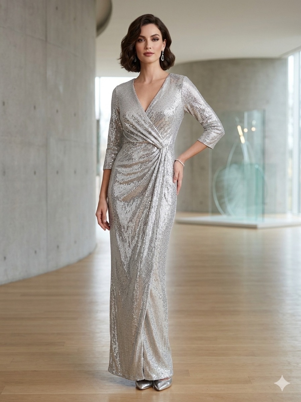 Take 50% OFF- JM Studio Sequined Silver Wrap Maxi Dress, Size-6